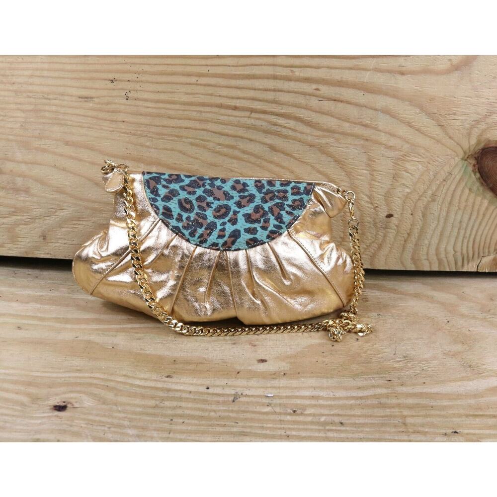 Fatto A Mano Carlos Falchi Bag Metallic Gold Leopard Green Handbag Vintage